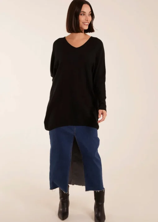 Blue Vanilla Black Plain V Neck Jumper