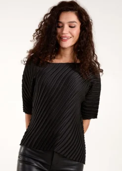 Blue Vanilla Black Pleated Satin Asymmetric Top