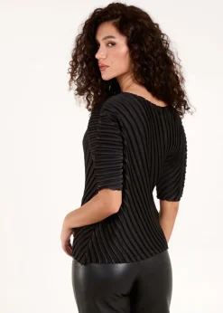Blue Vanilla Black Pleated Satin Asymmetric Top