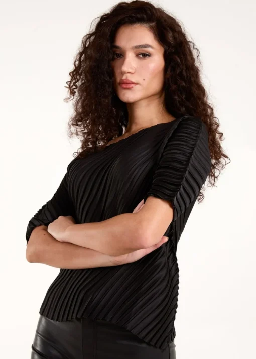 Blue Vanilla Black Pleated Satin Asymmetric Top