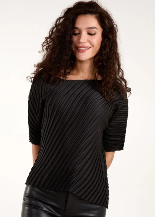 Blue Vanilla Black Pleated Satin Asymmetric Top