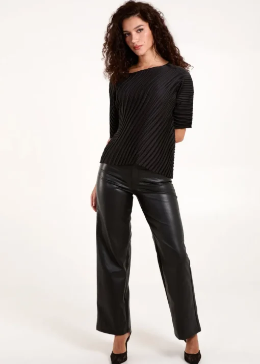 Blue Vanilla Black Pleated Satin Asymmetric Top