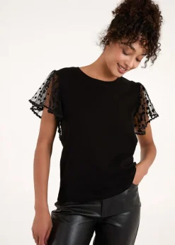 Blue Vanilla Black Polka Dot Mesh Sleeve T-Shirt