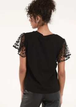 Blue Vanilla Black Polka Dot Mesh Sleeve T-Shirt