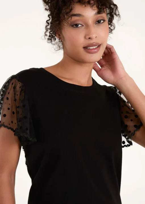 Blue Vanilla Black Polka Dot Mesh Sleeve T-Shirt