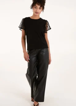 Blue Vanilla Black Polka Dot Mesh Sleeve T-Shirt