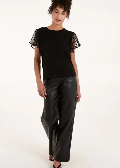Blue Vanilla Black Polka Dot Mesh Sleeve T-Shirt