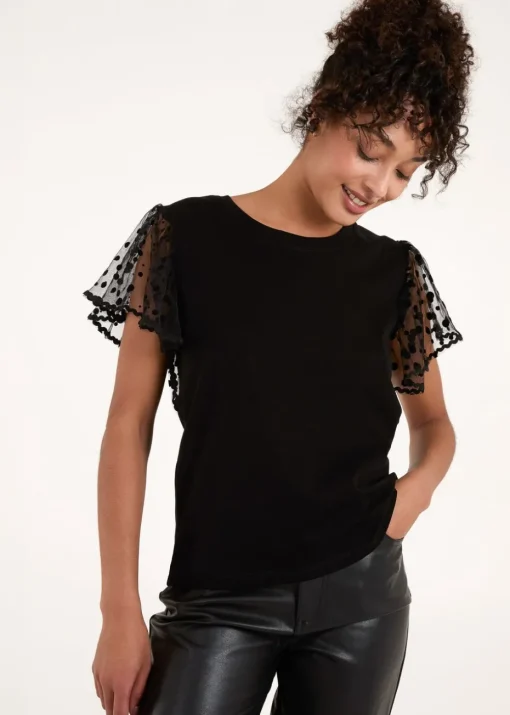 Blue Vanilla Black Polka Dot Mesh Sleeve T-Shirt