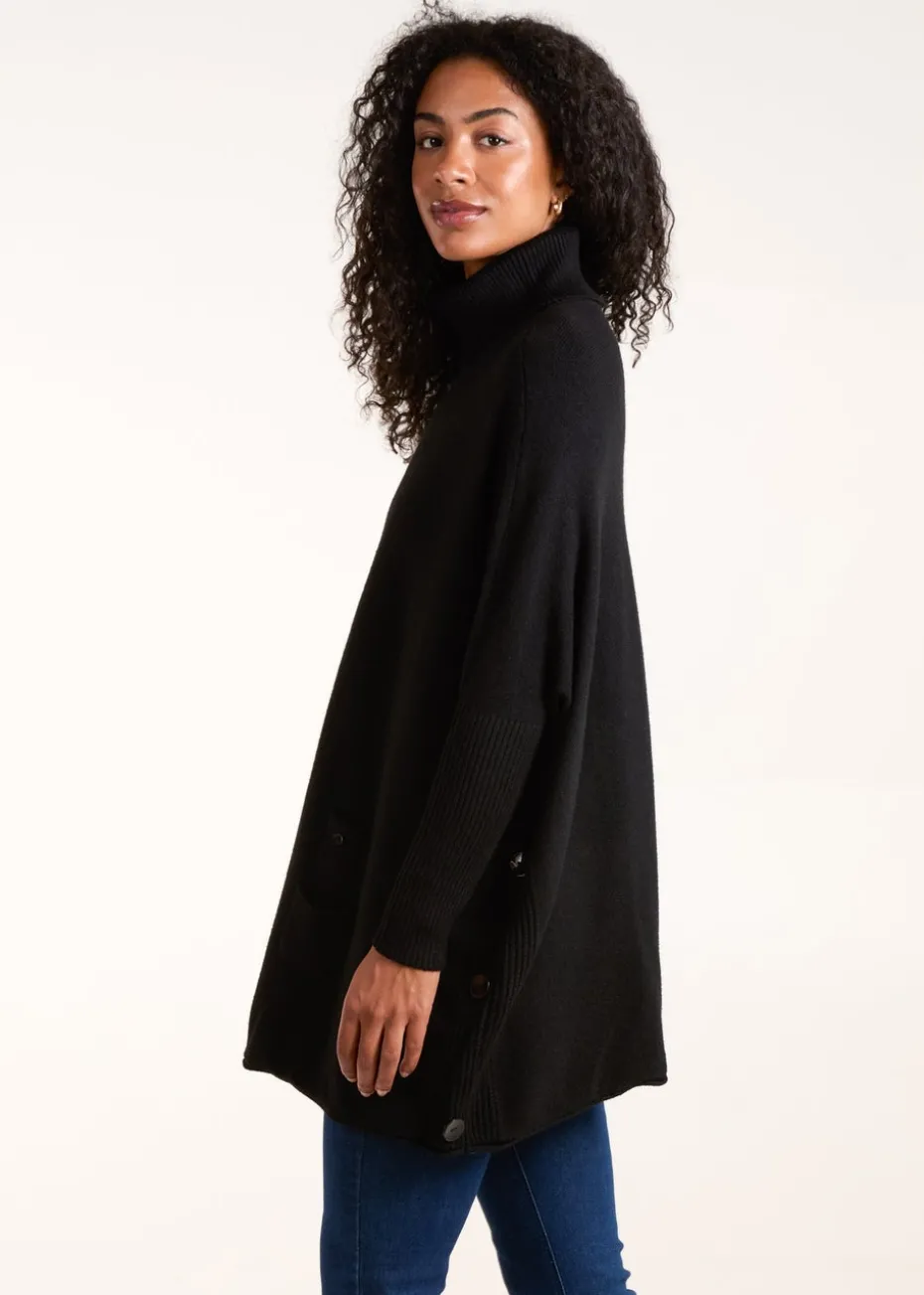 Blue Vanilla Black Roll Neck Button Mini Pocket Jumper