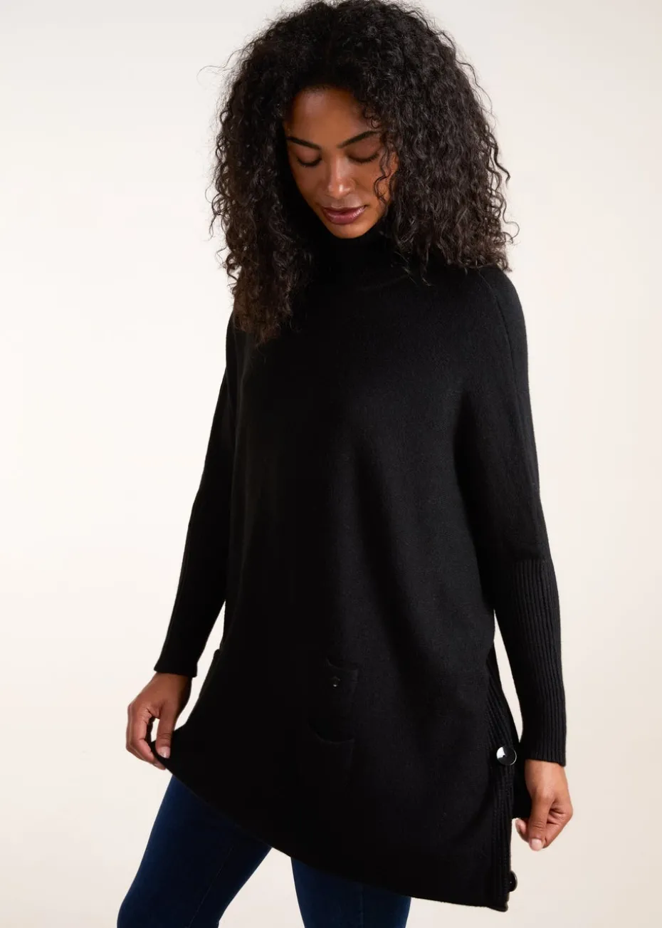Blue Vanilla Black Roll Neck Button Mini Pocket Jumper