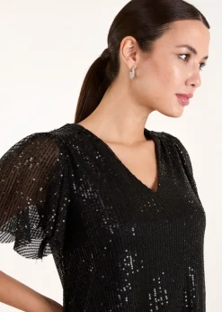 Blue Vanilla Black Sequin Flutter Sleeve Dress