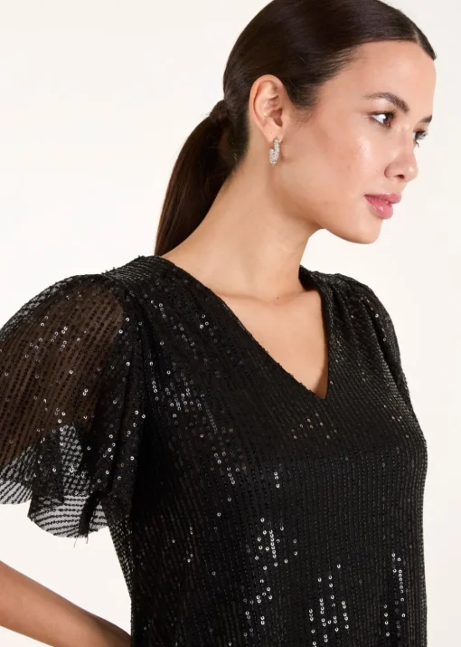 Blue Vanilla Black Sequin Flutter Sleeve Dress