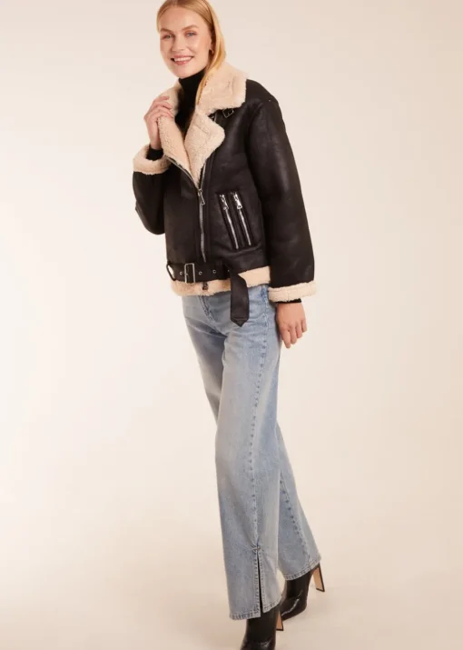 Blue Vanilla Black Shearling Aviator Jacket