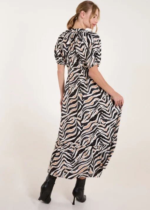 Blue Vanilla Black Shirred Waist Button Front Puff Sleeve Midi Dress