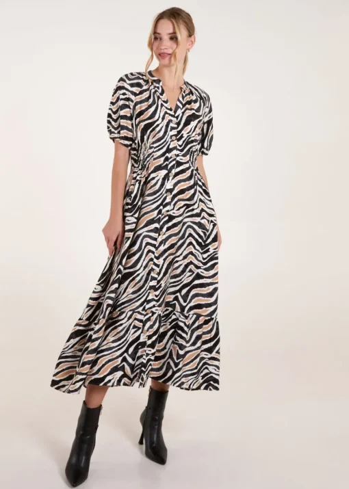 Blue Vanilla Black Shirred Waist Button Front Puff Sleeve Midi Dress