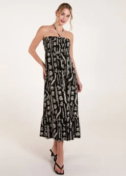 Blue Vanilla Black Shirred Bandeau Tie Neck Dress