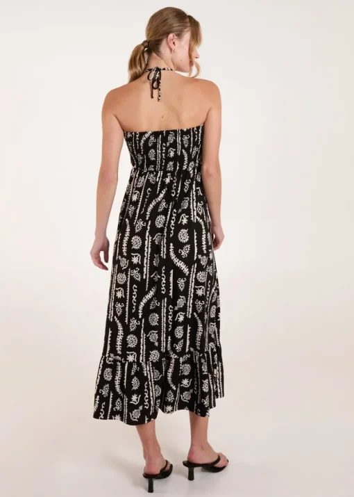 Blue Vanilla Black Shirred Bandeau Tie Neck Dress