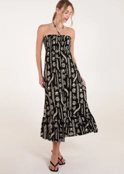 Blue Vanilla Black Shirred Bandeau Tie Neck Dress