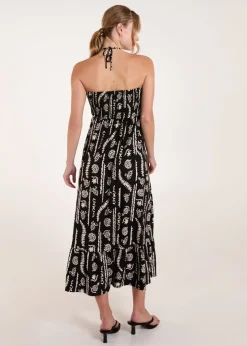 Blue Vanilla Black Shirred Bandeau Tie Neck Dress