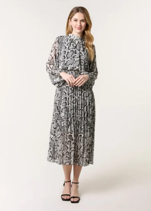Blue Vanilla Black Snakeskin High Neck Pleat Dress