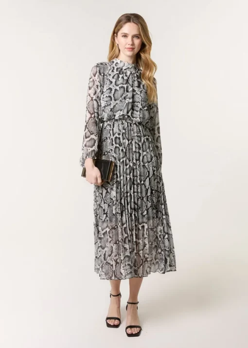 Blue Vanilla Black Snakeskin High Neck Pleat Dress