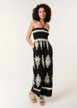 Blue Vanilla Black Strapless Shirred Waist Jumpsuit