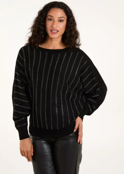 Blue Vanilla Black Striped Diamante Batwing Jumper