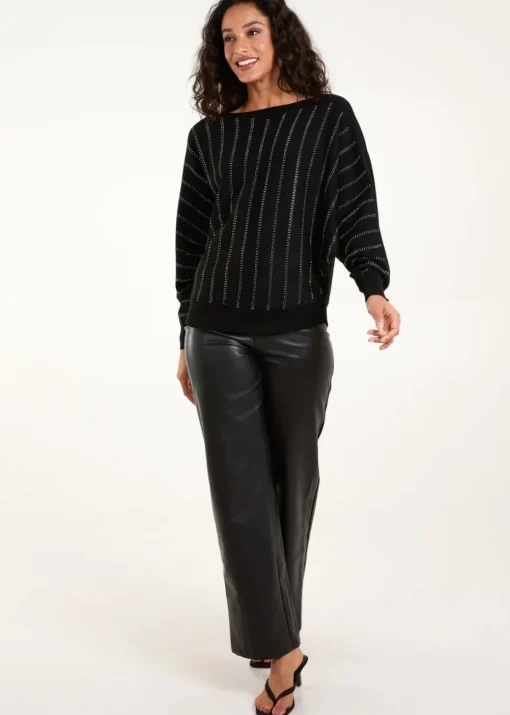 Blue Vanilla Black Striped Diamante Batwing Jumper