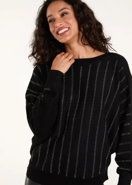 Blue Vanilla Black Striped Diamante Batwing Jumper