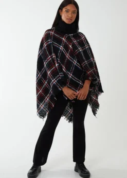 Blue Vanilla Black Tartan Roll Neck Poncho