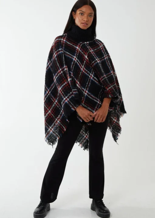 Blue Vanilla Black Tartan Roll Neck Poncho