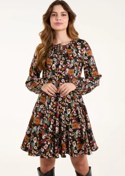 Blue Vanilla Black Tie Front Blouson Godet Dress