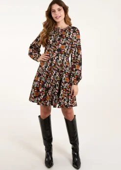 Blue Vanilla Black Tie Front Blouson Godet Dress