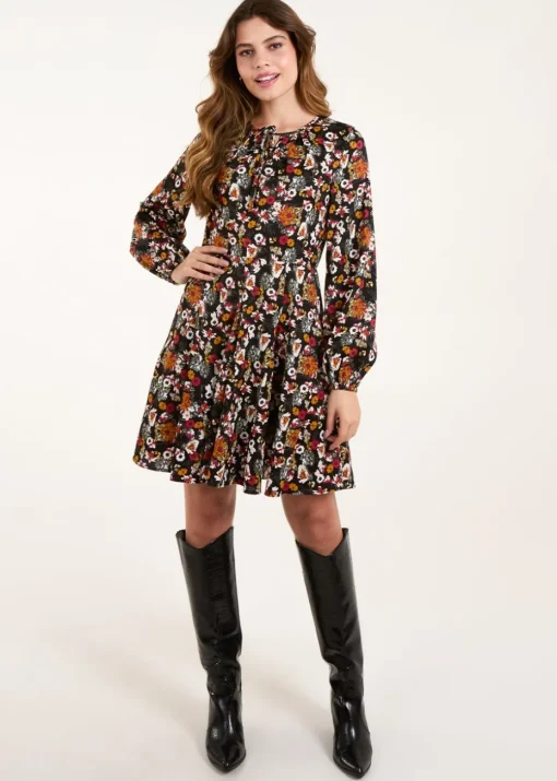 Blue Vanilla Black Tie Front Blouson Godet Dress