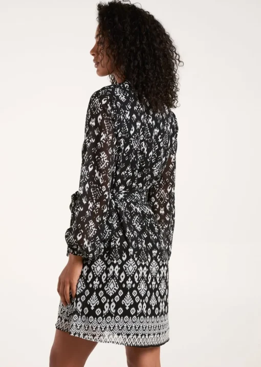 Blue Vanilla Black Tie Neck & Waist Mini Smock Dress