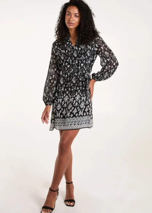 Blue Vanilla Black Tie Neck & Waist Mini Smock Dress