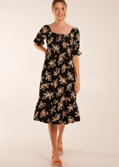 Blue Vanilla Black Tiered Puff Sleeve Abstract Print Shirred Midi Dress