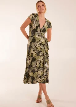 Blue Vanilla Black Tropical Print Wrap Front Midi Dress