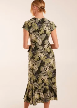 Blue Vanilla Black Tropical Print Wrap Front Midi Dress