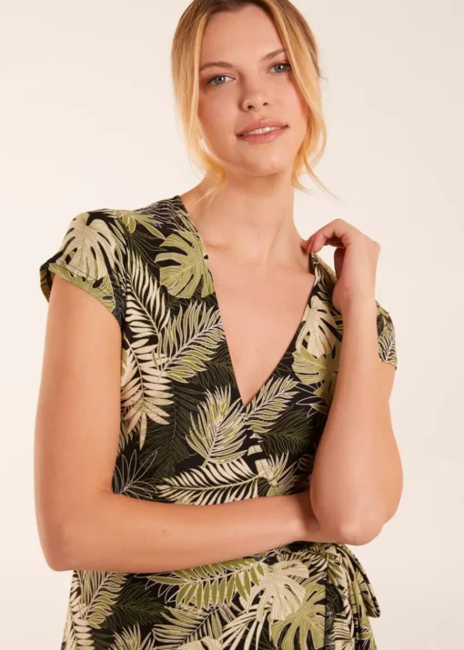 Blue Vanilla Black Tropical Print Wrap Front Midi Dress