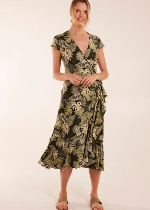 Blue Vanilla Black Tropical Print Wrap Front Midi Dress