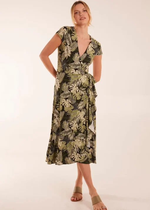 Blue Vanilla Black Tropical Print Wrap Front Midi Dress