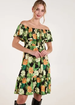 Blue Vanilla Black Tropical Shirred Waist Bardot Mini Dress