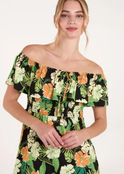Blue Vanilla Black Tropical Shirred Waist Bardot Mini Dress