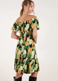 Blue Vanilla Black Tropical Shirred Waist Bardot Mini Dress