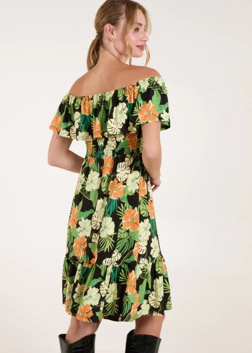 Blue Vanilla Black Tropical Shirred Waist Bardot Mini Dress