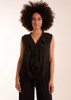 Blue Vanilla Black V Neck Ruffle Top with Knot