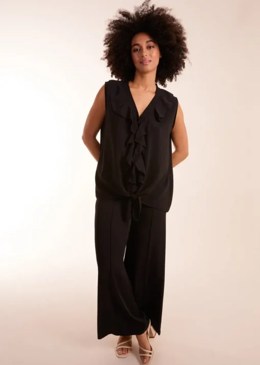 Blue Vanilla Black V Neck Ruffle Top with Knot