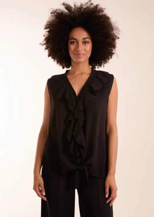 Blue Vanilla Black V Neck Ruffle Top with Knot