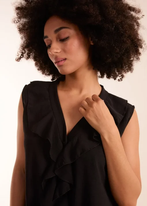 Blue Vanilla Black V Neck Ruffle Top with Knot